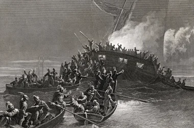 Destruction du schooner Gaspee dans les eaux de Rhode Island, 1772, gravé par J. Rogers